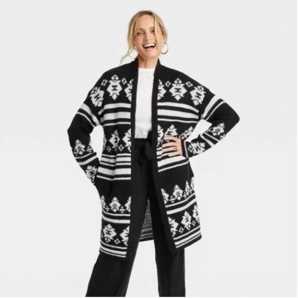 Knox Rose Black Knit Open Front Long Sleeve Cardigan Pockets Sweater  Sz L